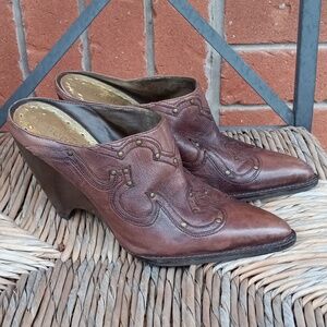 BCBGirls Brown Leather Studded Western Style Wedge Mules 🐱